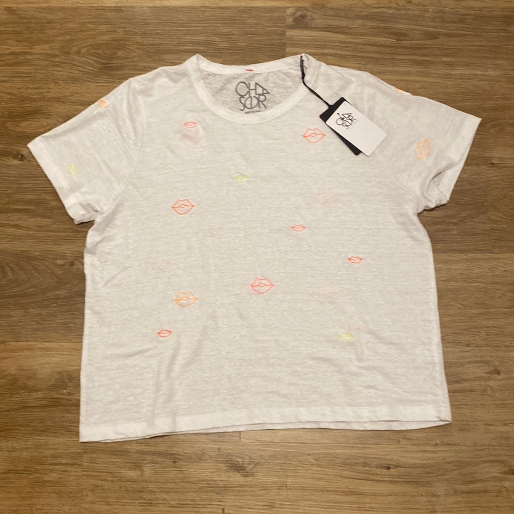 NWT Chaser Burnout White Tee with Embroidered Neon Lips